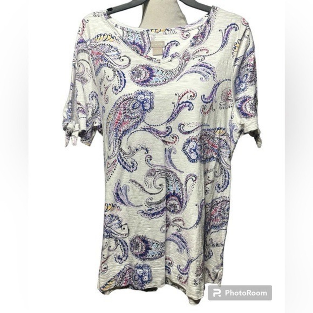 Chico's Top Womens 2 L Paisley Purple Cotton Modal Short Sleeve Tie V-Neck Tee